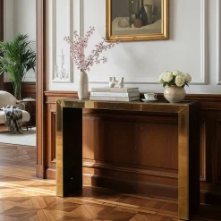 Console Materia con telaio in oro e piano in vetro fumé