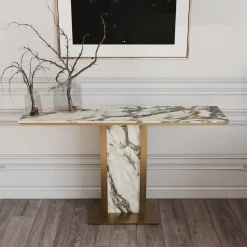 Consolle Afon con piano in marmo bianco e struttura in metallo finitura bronzo