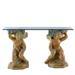Consolle con Set di 2 Sculture Cherubini Alati e Frutta in Terracotta