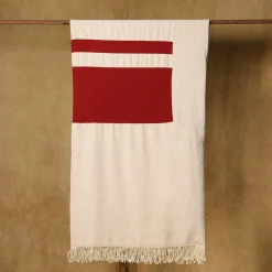 Coperta Ciconi in lana e lino con frange beige e rosse