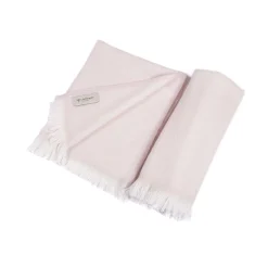 Coperta per neonati in 100% cashmere color crema e rosa tenue con frange corte