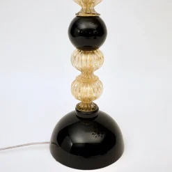 Coppia di lampade da tavolo in vetro di Murano nere e dorate