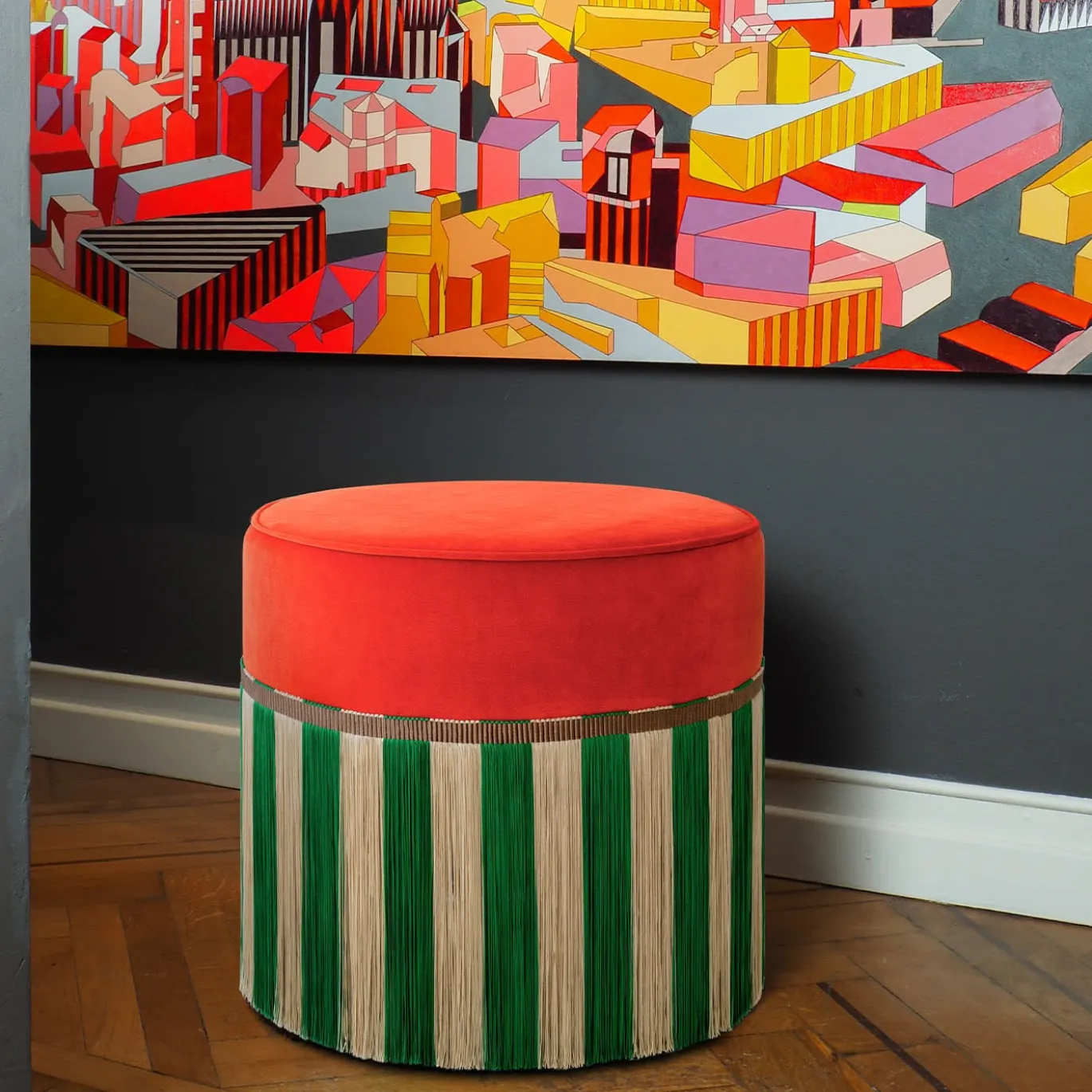 Couture Geometric Riga, grande pouf arancione e verde