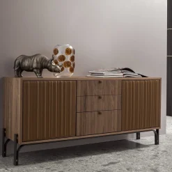 Credenza a 2 porte in pelle e noce cognac