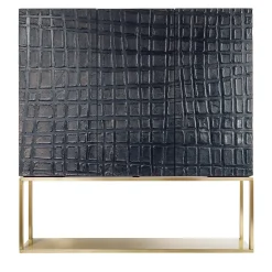 Credenza a Tre Ante in Legno Rivestito in Resina Nera con Mensole in Vetro
