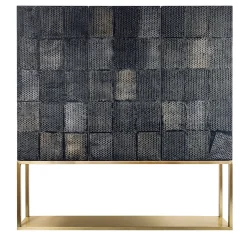 Credenza a Tre Ante in Legno Rivestito in Tela Nera e Base in Metallo Bronzato