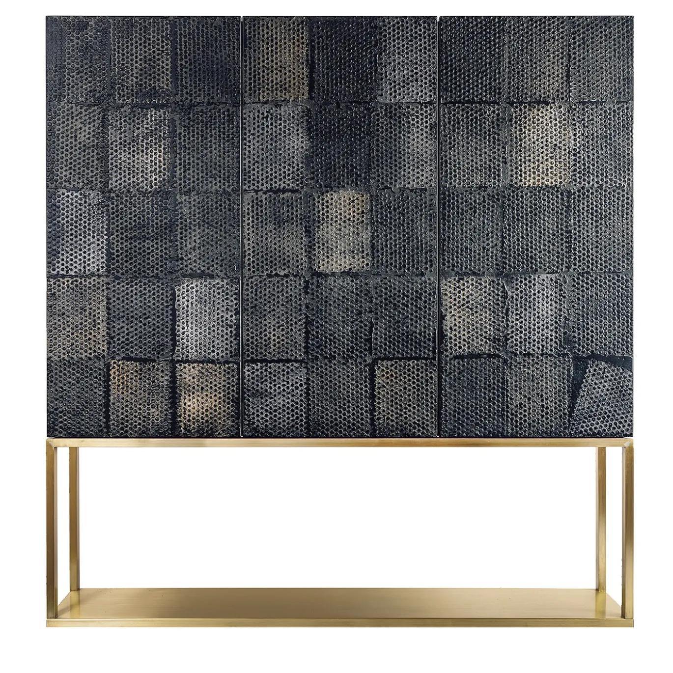 Credenza a Tre Ante in Legno Rivestito in Tela Nera e Base in Metallo Bronzato