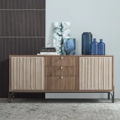 Credenza Canette a 2 porte in pelle nabuk beige e noce