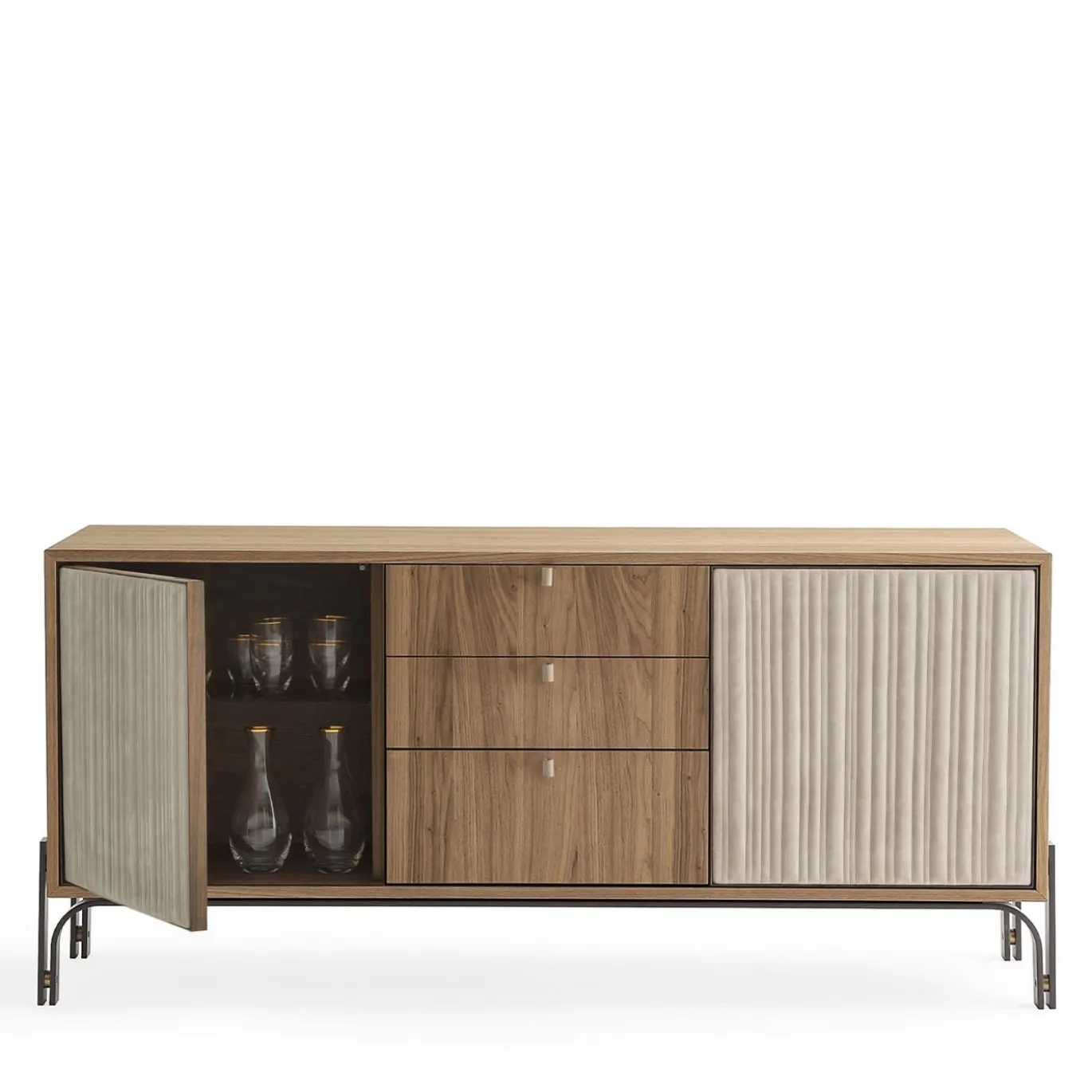 Credenza Canette a 2 porte in pelle nabuk beige e noce