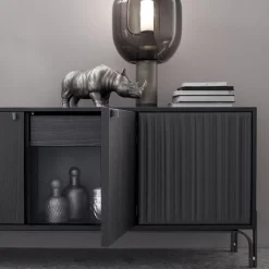 Credenza Canette a 4 porte in pelle nabuk grigio antracite e rovere