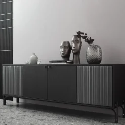 Credenza Canette a 4 porte in pelle nabuk grigio antracite e rovere