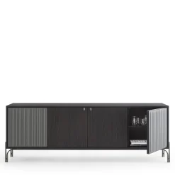 Credenza Canette a 4 porte in pelle nabuk grigio antracite e rovere
