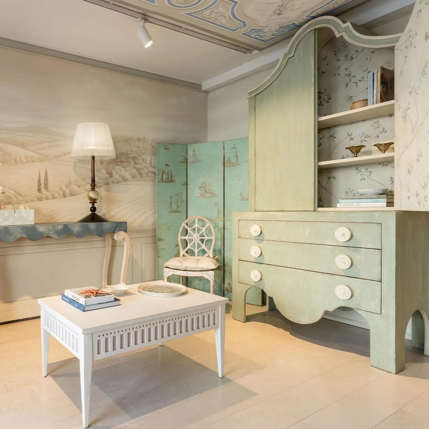 Credenza Ferrovia Verde con Decorazione Magnolia
