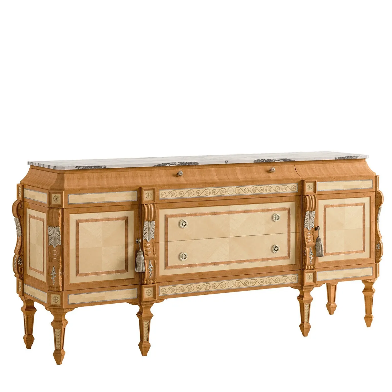 Credenza in acero bianco e ciliegio con piano in marmo Calacatta