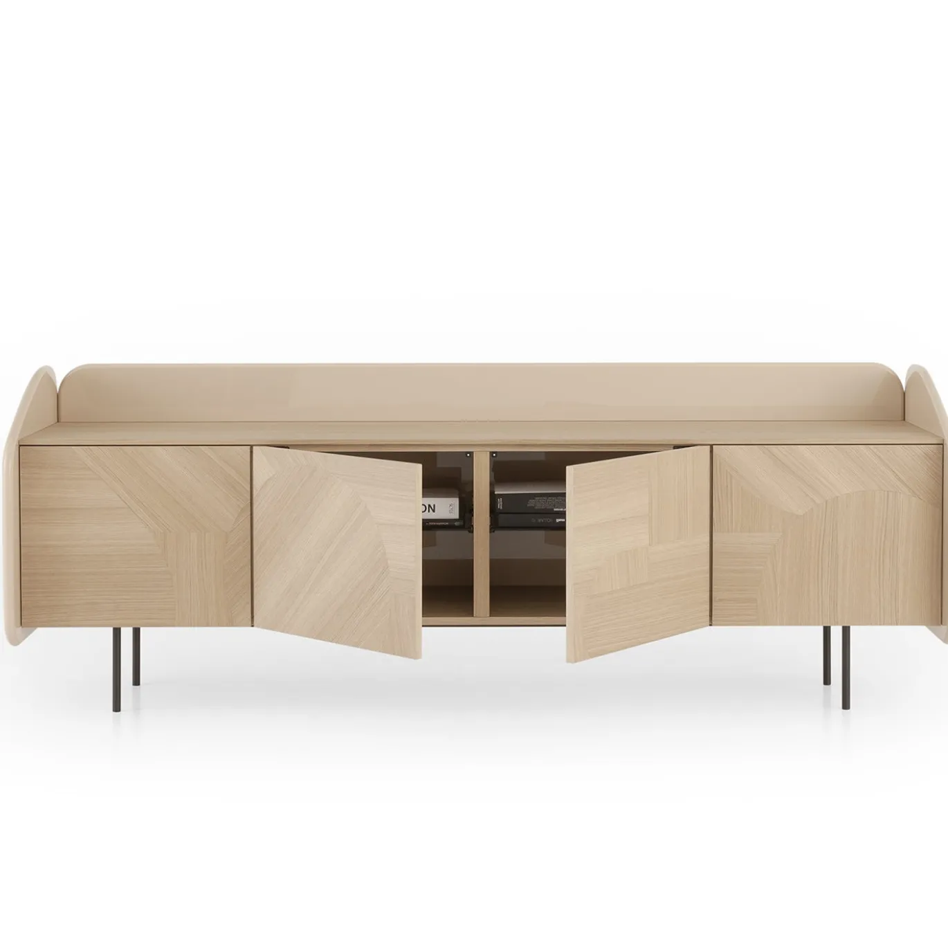Credenza INTARSIO cipria lucido con scocca in rovere naturale intarsiata a mano