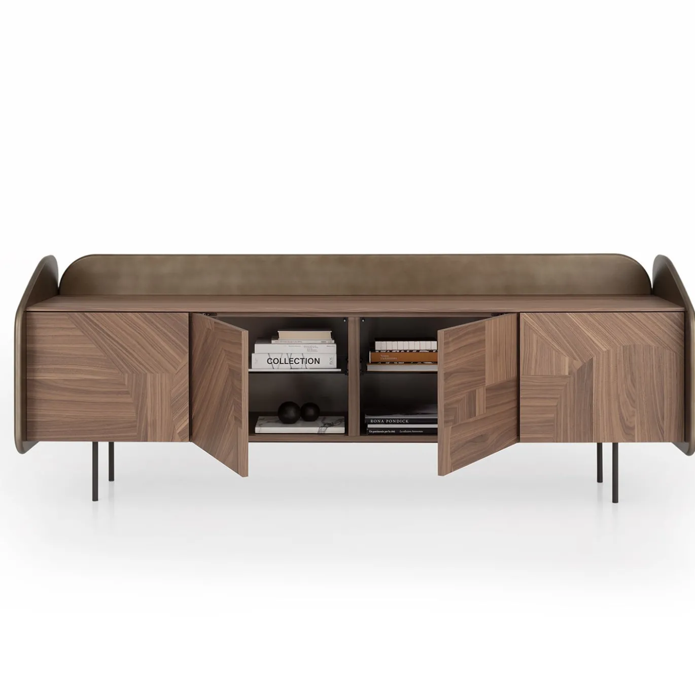 Credenza INTARSIO laccata bronzo ossidato con scocca in noce canaletto intarsiata a mano