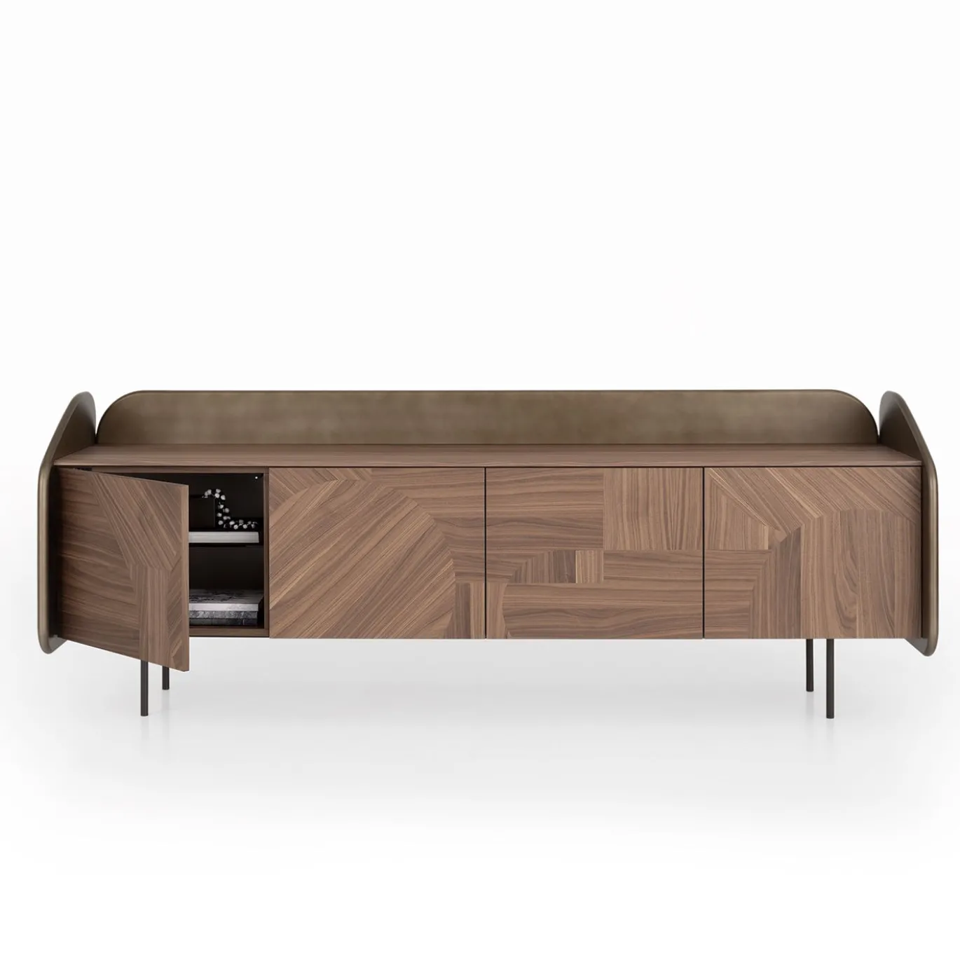 Credenza INTARSIO laccata bronzo ossidato con scocca in noce canaletto intarsiata a mano
