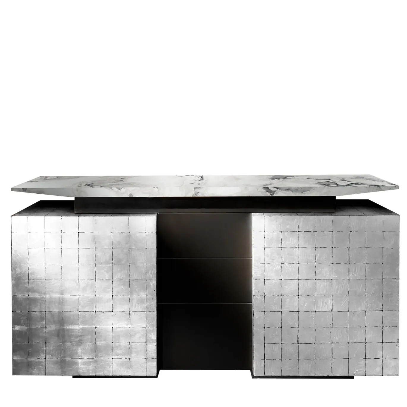 Credenza Kataï in argento con piano in marmo bianco Dover