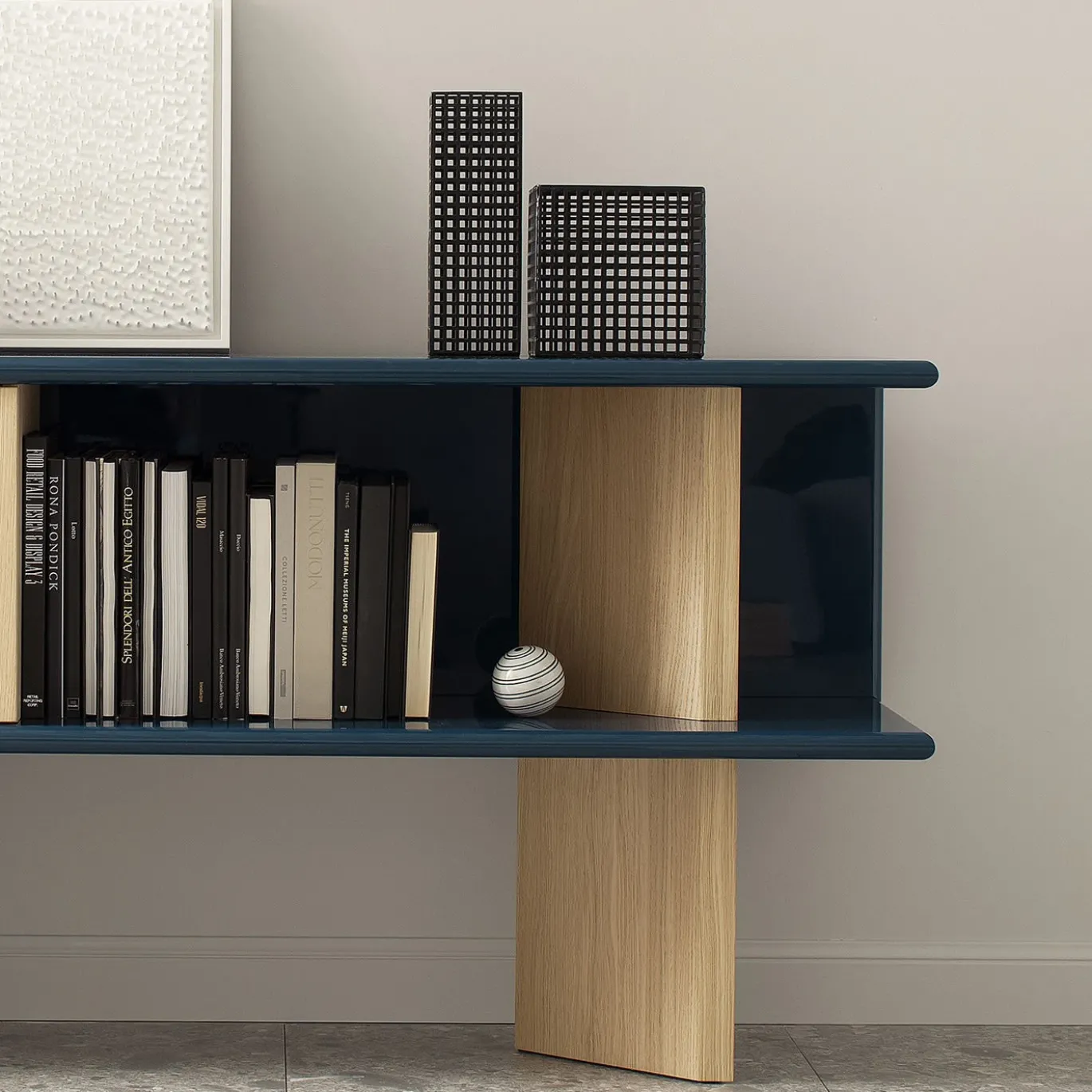 Credenza media Living in rovere naturale e blu lucido