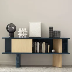 Credenza media Living in rovere naturale e blu lucido