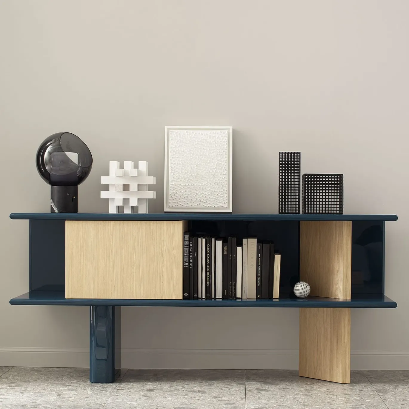 Credenza media Living in rovere naturale e blu lucido