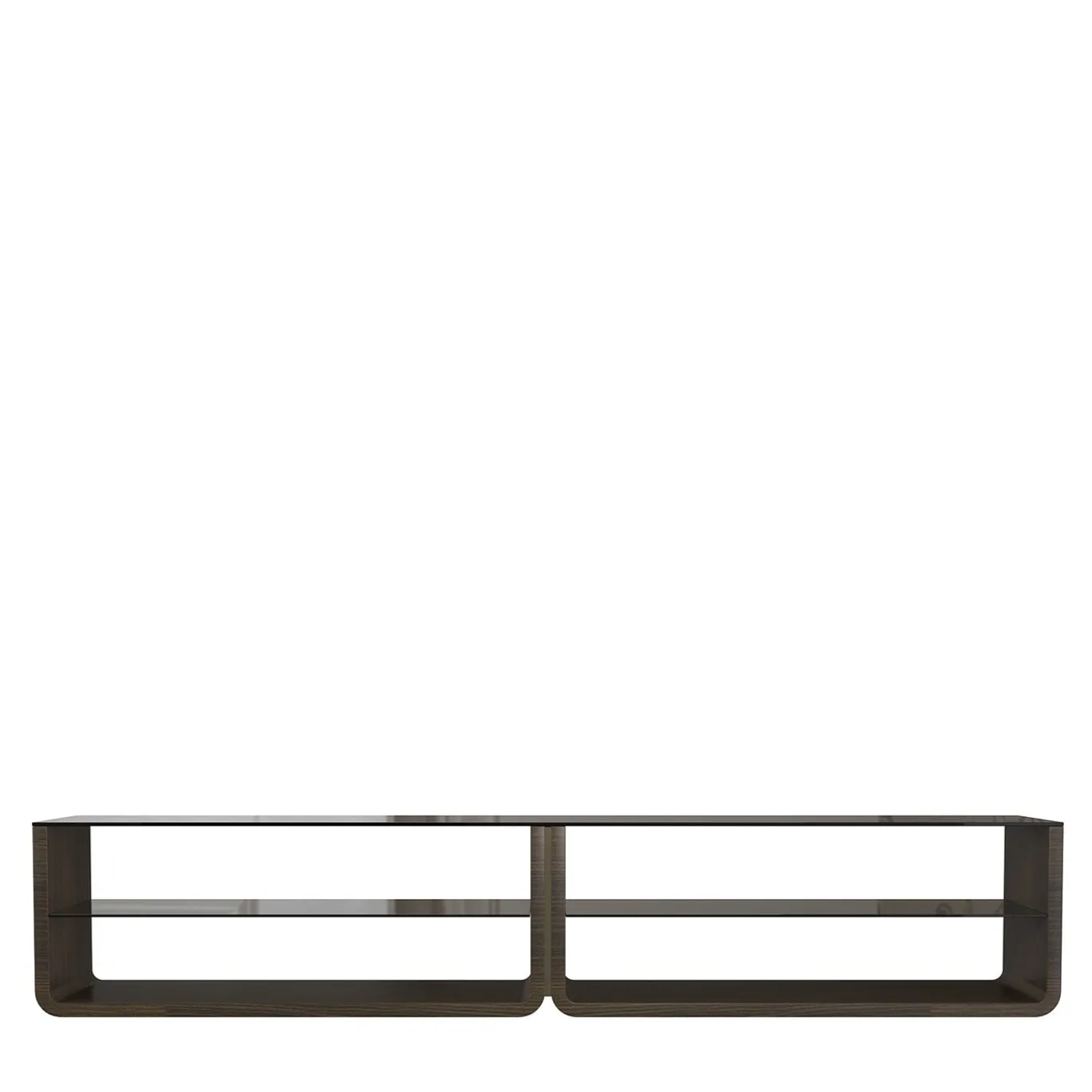 Credenza retro divano con piano in vetro fumé e ripiani