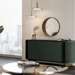 Credenza rotonda verde Dobos con accenti in metallo