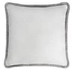 Cuscino in lino Happy bianco con frange grigie