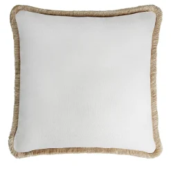 Cuscino in lino Happy bianco con frange beige