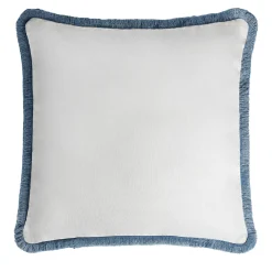 Cuscino in lino Happy bianco con frange azzurre