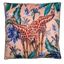 Cuscino in velluto Animalia con giraffe e fiori blu