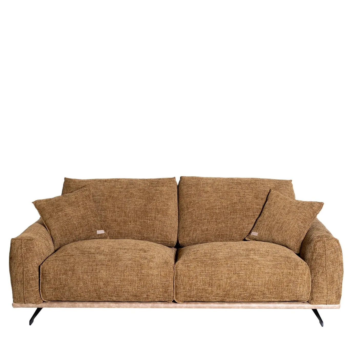 Divano Boboli giallo ocra con base in pelle marrone chiaro