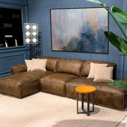 Divano componibile Placido con chaise longue e Free Side in pelle marrone