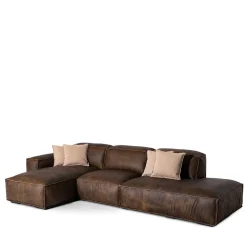 Divano componibile Placido con chaise longue e Free Side in pelle marrone