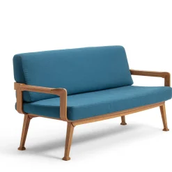 Divano da esterno curvo in teak e tessuto blu