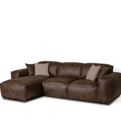 Divano Placido in Pelle Marrone a 3 Posti con Chaise Longue