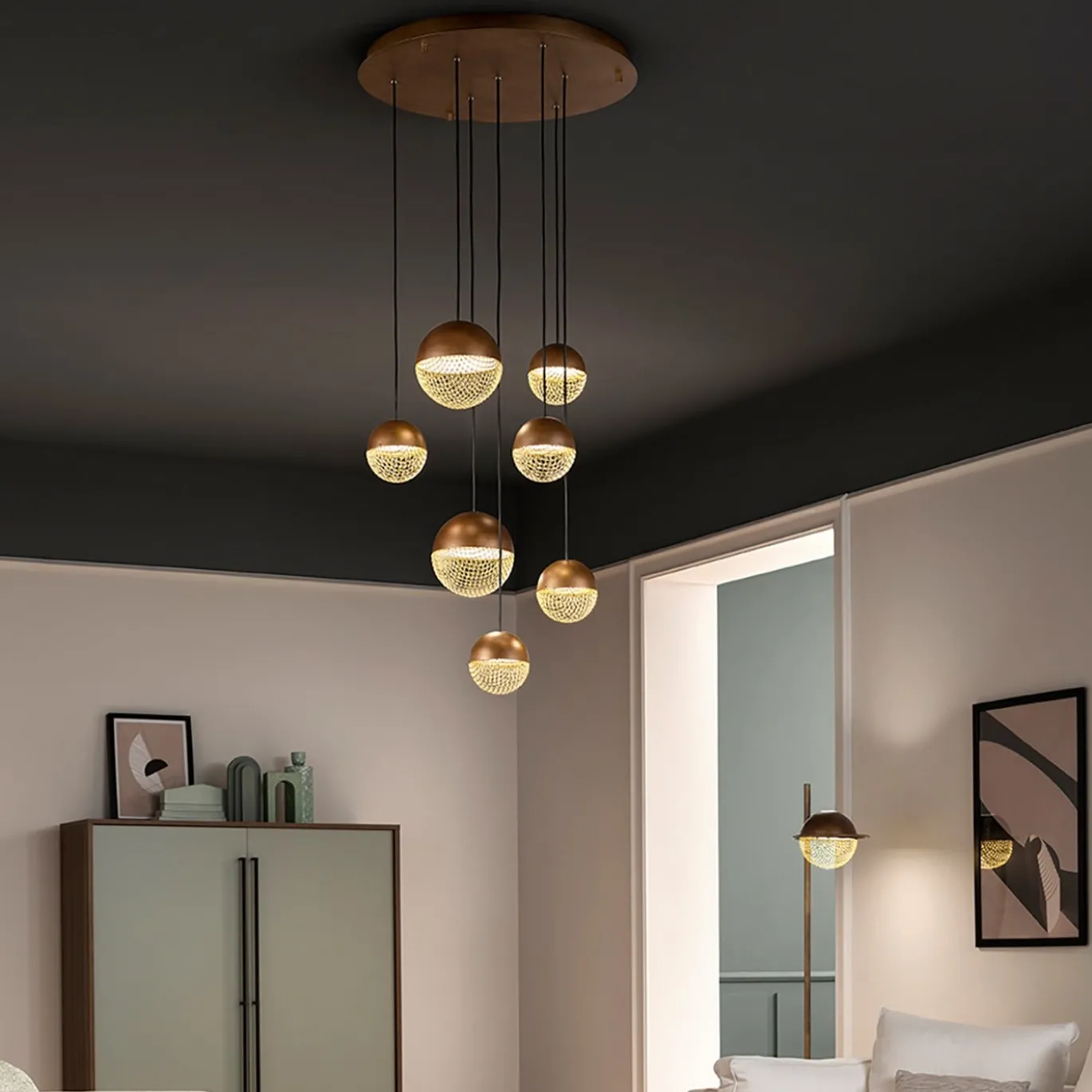 Iglù Lampadario rotondo a 7 luci in bronzo patinato