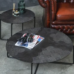 Isola Tavolino Tondo Grande Con Top In Resina Decorata Color Dark Brown