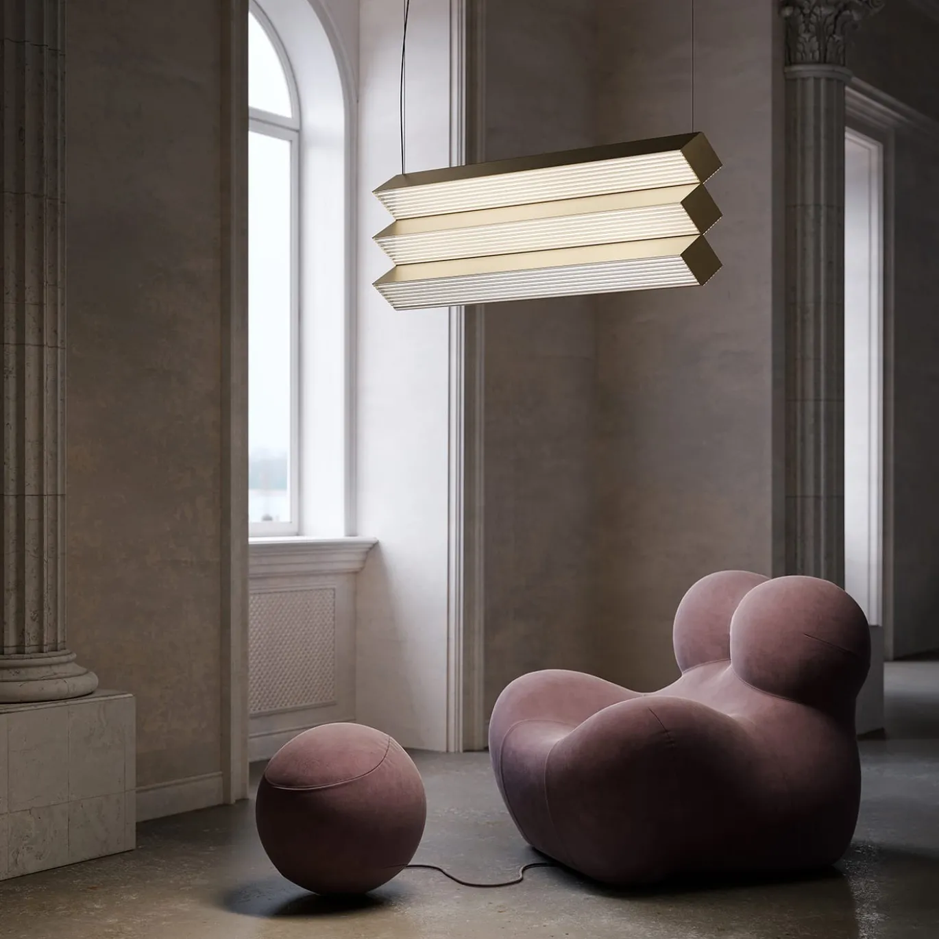 Lampada a sospensione a 3 luci in nichel dorato Stick