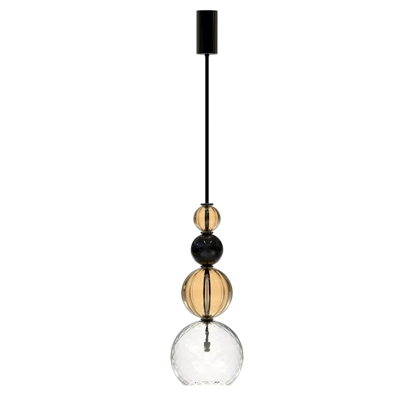 Lampada a sospensione Caruso a 1 luce in vetro di Murano color Fumè, cristallo trasparente e nero