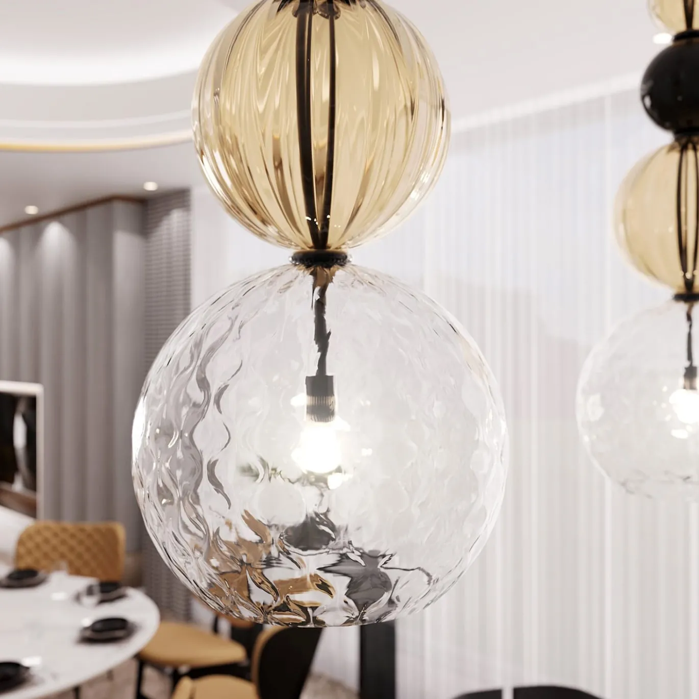 Lampada a sospensione Caruso a 1 luce in vetro di Murano color Fumè, cristallo trasparente e nero