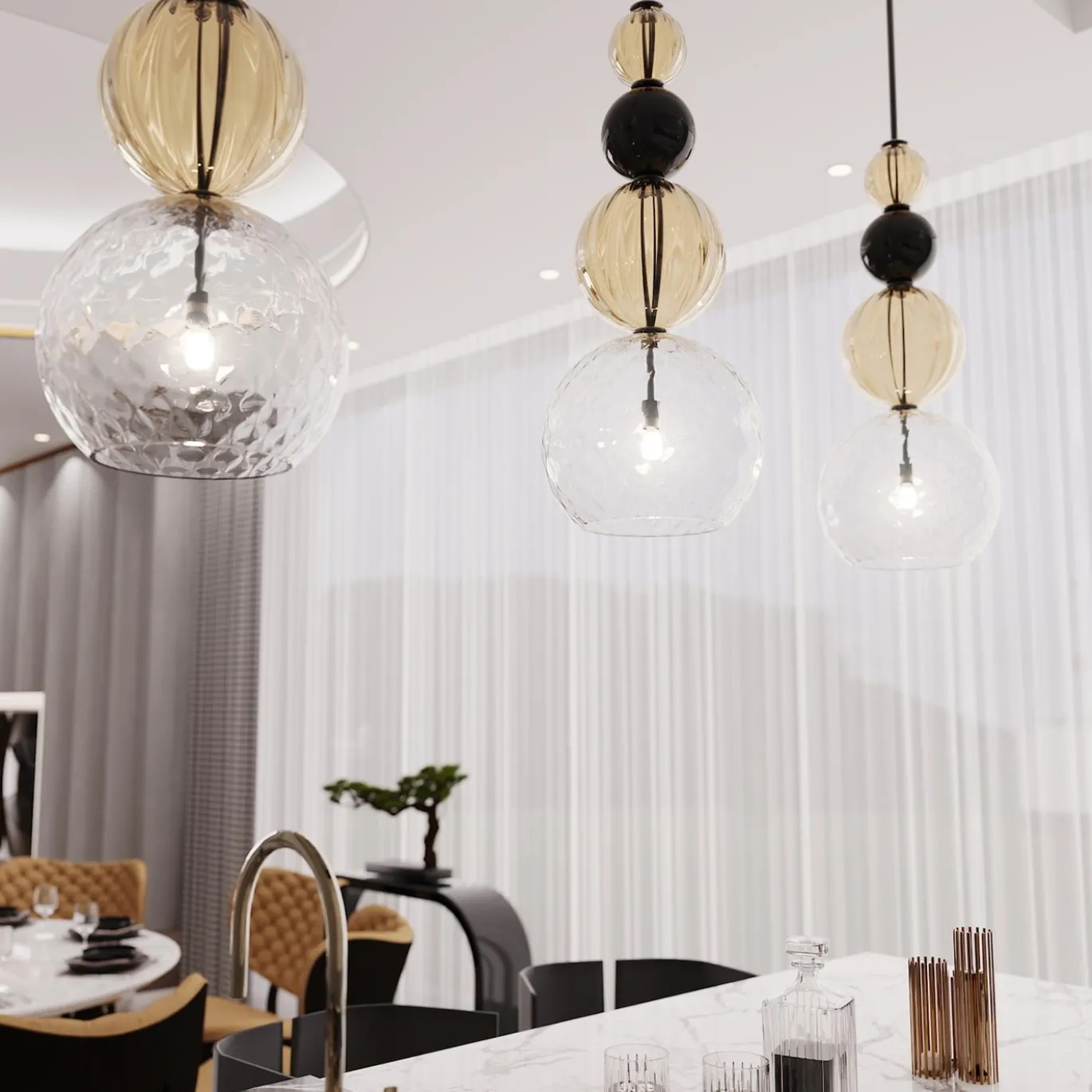 Lampada a sospensione Caruso a 1 luce in vetro di Murano color Fumè, cristallo trasparente e nero