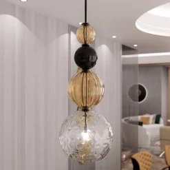 Lampada a sospensione Caruso a 1 luce in vetro di Murano color Fumè, cristallo trasparente e nero