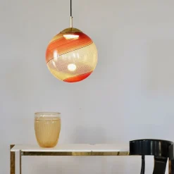 Lampada a Sospensione Gaia in Vetro di Murano Sfera Ambra e Rossa #2