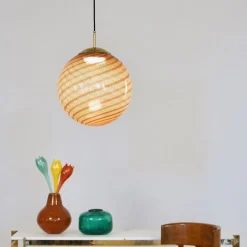 Lampada a Sospensione Gaia in Vetro di Murano Sfera Ambra e Rossa #1