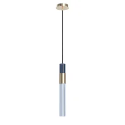 Lampada a sospensione mini Sbàrlusc in vetro indaco fumé e ottone champagne di Isacco Brioschi