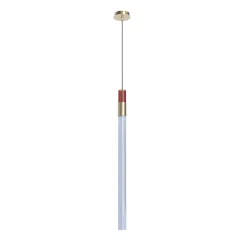 Lampada a sospensione Sbàrlusc in vetro rosso e ottone champagne di Isacco Brioschi