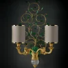 Lampada da muro doppia Foliage in bronzo dorato con foglie in cristallo verde