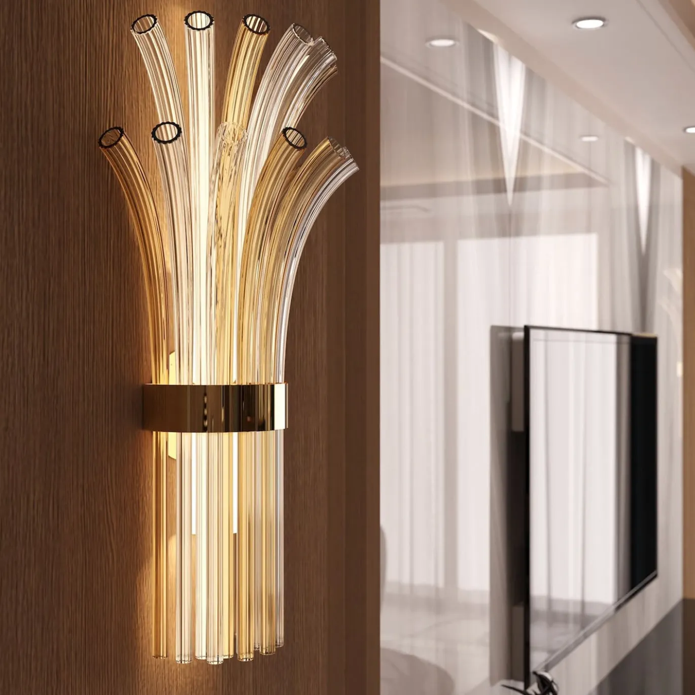 Lampada da parete a 2 luci in vetro di Murano color fumè e cristallo trasparente