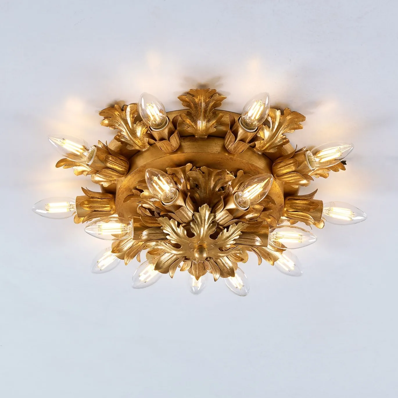 Lampada da soffitto a 15 luci in metallo foglia oro